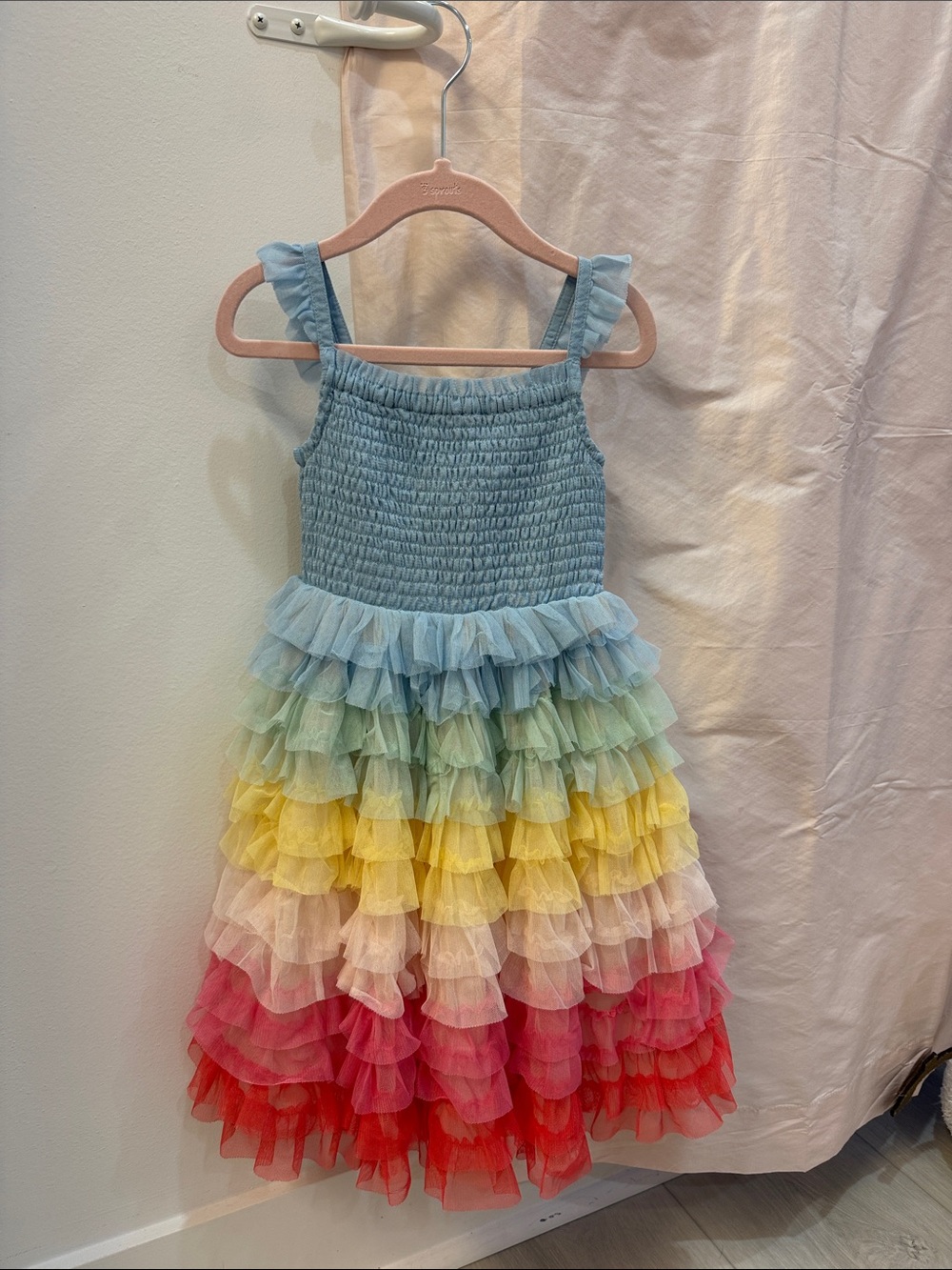 Mini Boden Pastel Rainbow Ruffle Tulle Dress in Light Blue and Multi